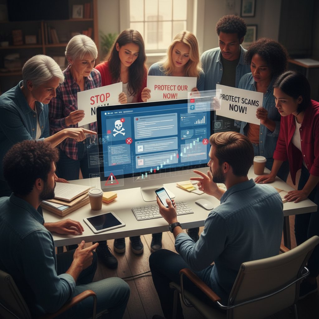 Osoba pisze post w social media, w tle ekran komputera z wyświetloną historią oszustwa