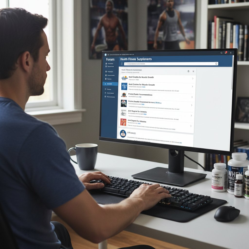 Osoba siedząca przed komputerem, przeglądająca fora internetowe dotyczące suplementów