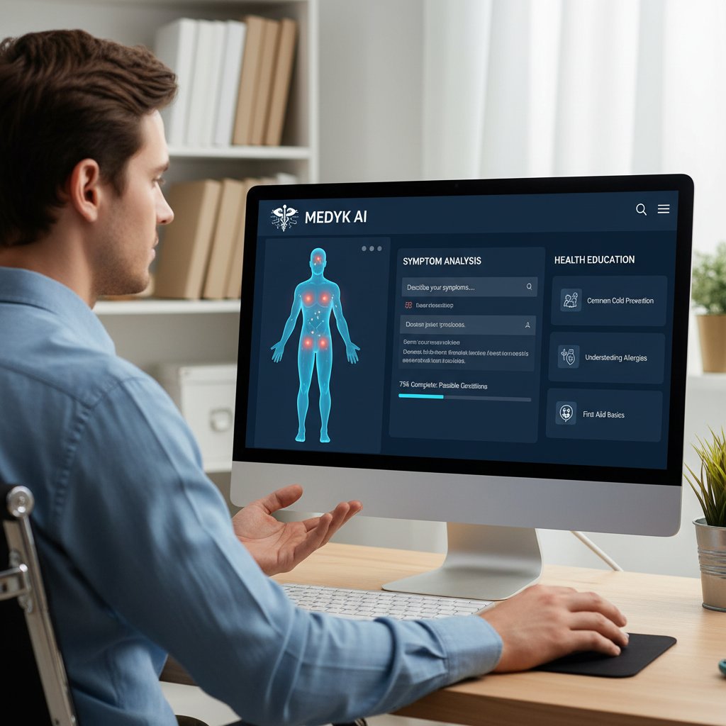 Osoba korzystająca z komputera i analizująca objawy na medyk.ai – nowoczesna edukacja zdrowotna w praktyce