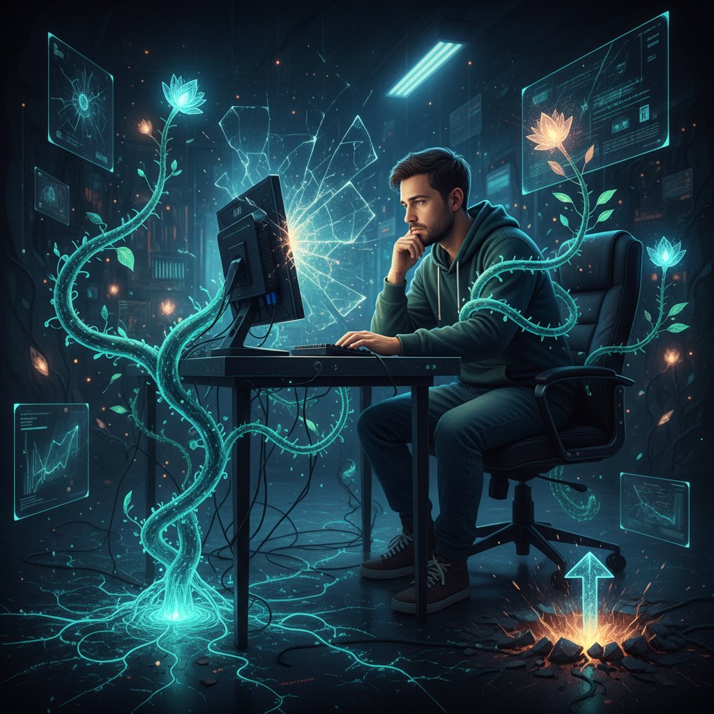 Osoba patrząca w ekran, zamyślona, z rosnącymi cyfrowymi pnączami – symbol rozwoju i ryzyka