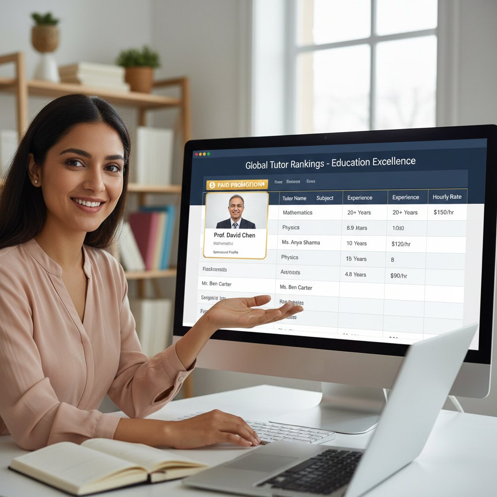 Osoba pokazuje wykres rankingu korepetytorów na ekranie komputera, z widoczną promocją