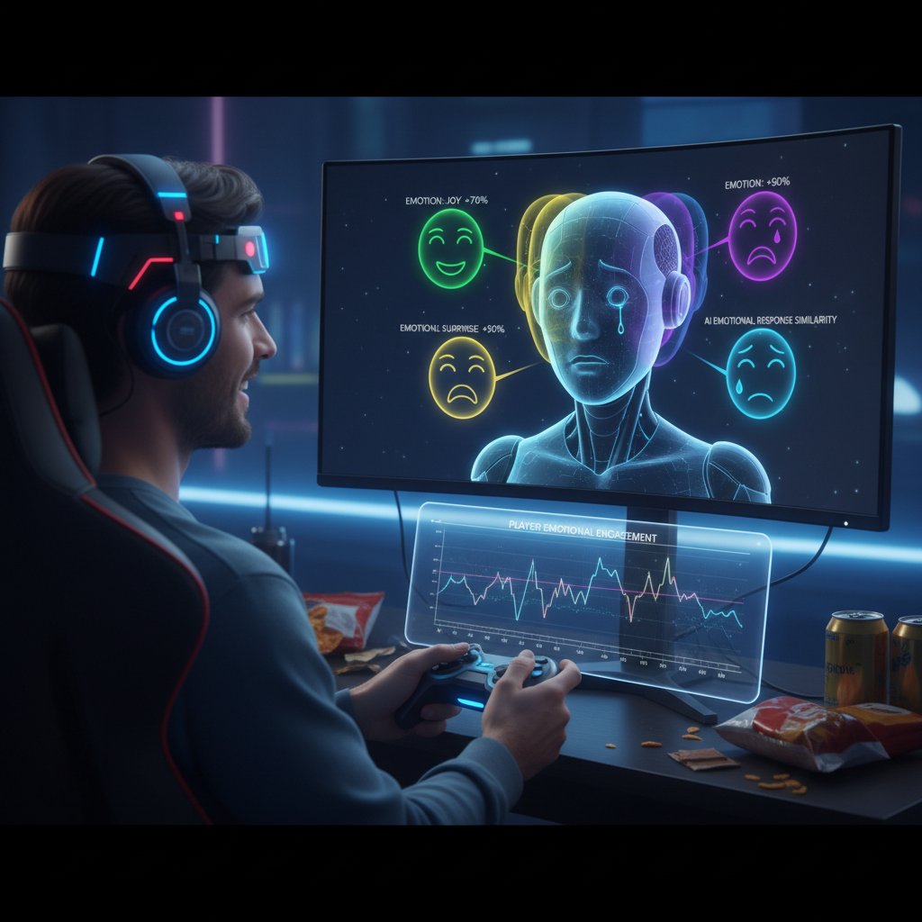 Osoba grająca w grę komputerową z widocznym na ekranie AI reagującym na emocje gracza