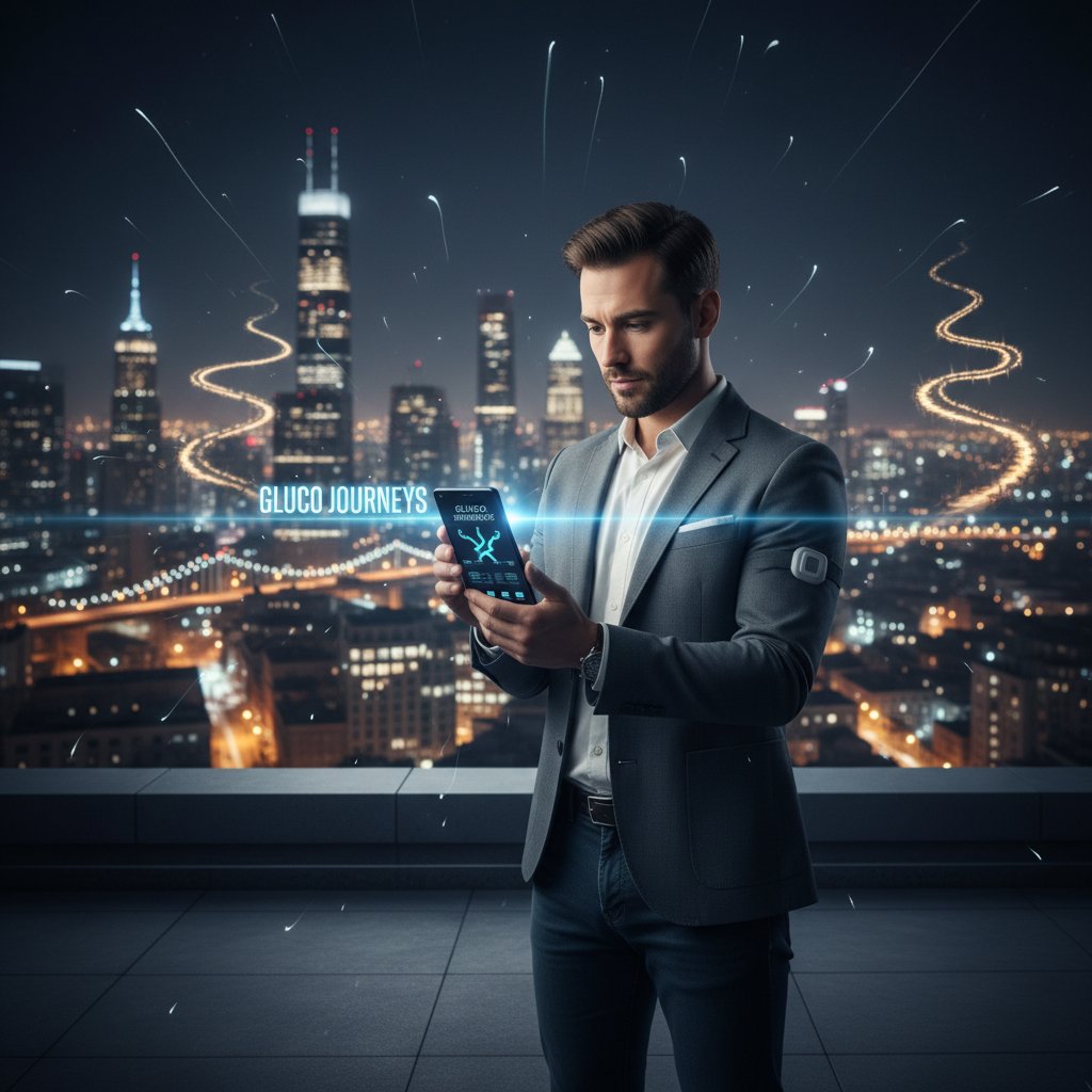 Osoba z uprawnioną postawą, patrząca w ekran smartfona z aplikacją monitorującą cukrzycę, w tle miasto nocą – nowe możliwości i wyzwania
