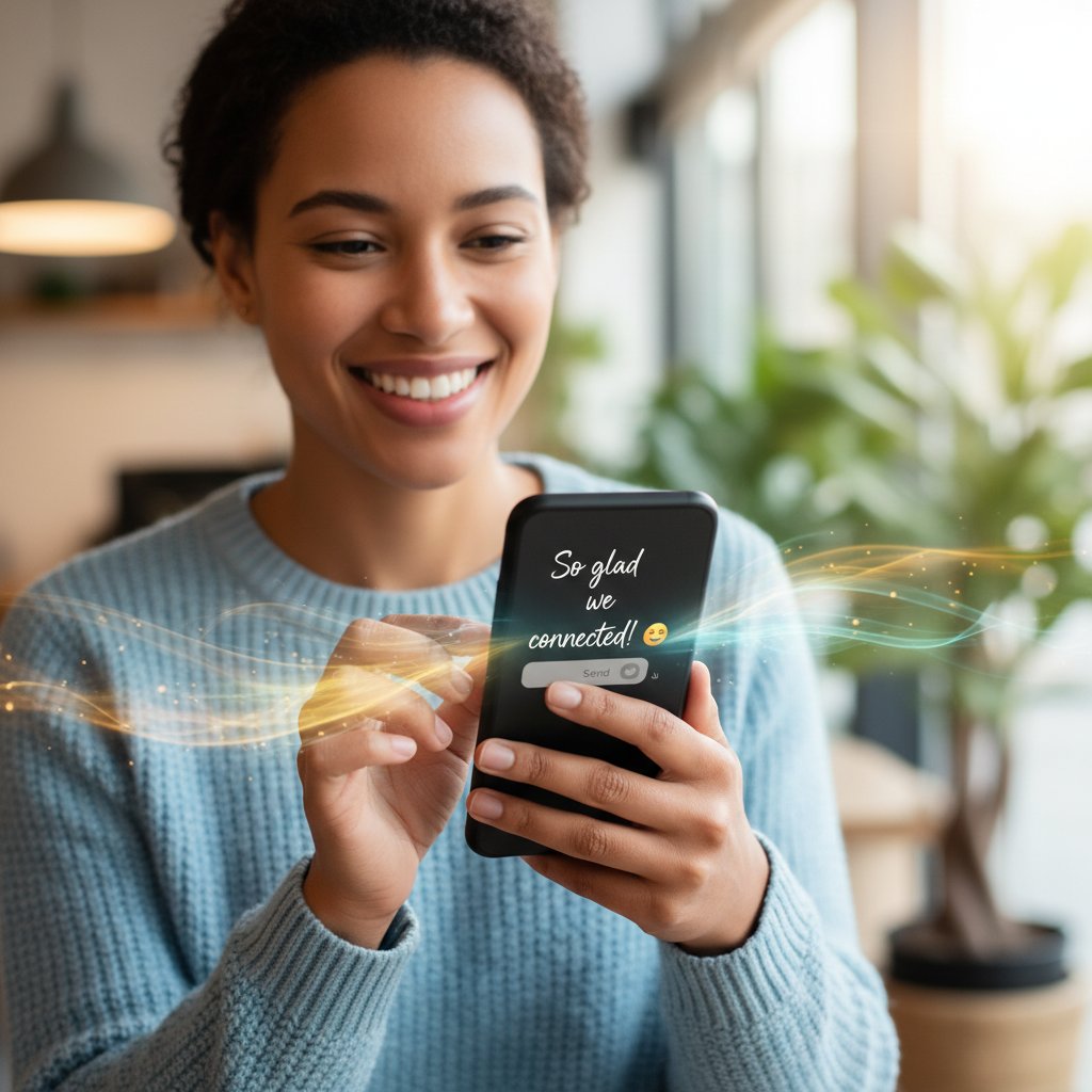 Zdjęcie osoby z pewnym uśmiechem, wysyłającej pierwszą wiadomość na smartfonie, atmosfera pozytywnej energii