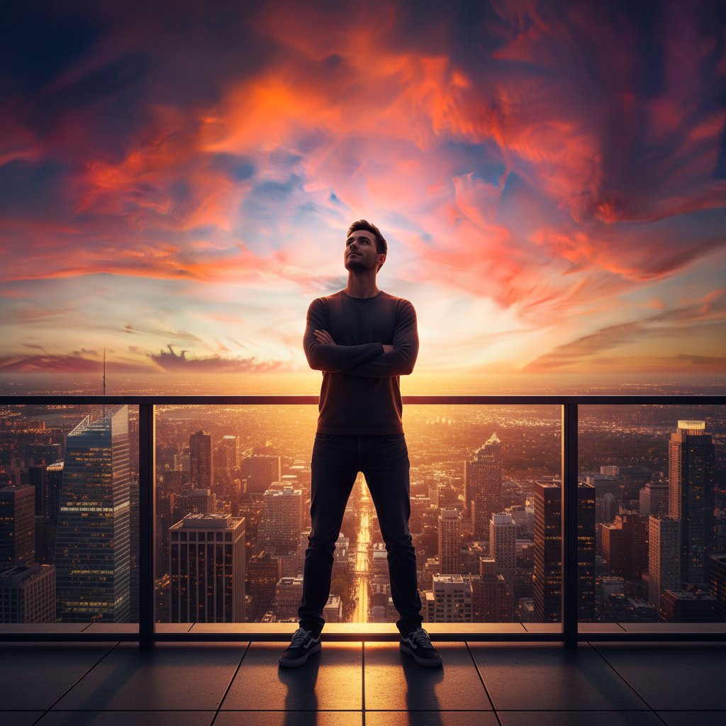 Osoba patrząca w przyszłość na tle miasta – symbol nowego początku, intensywne kolory, motywacja