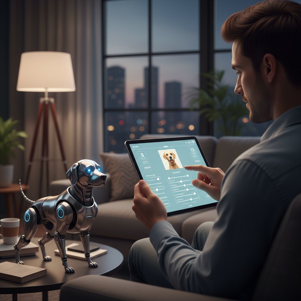 Osoba konfigurująca profil pieska online na tablecie, jasne światło, atmosfera zaangażowania
