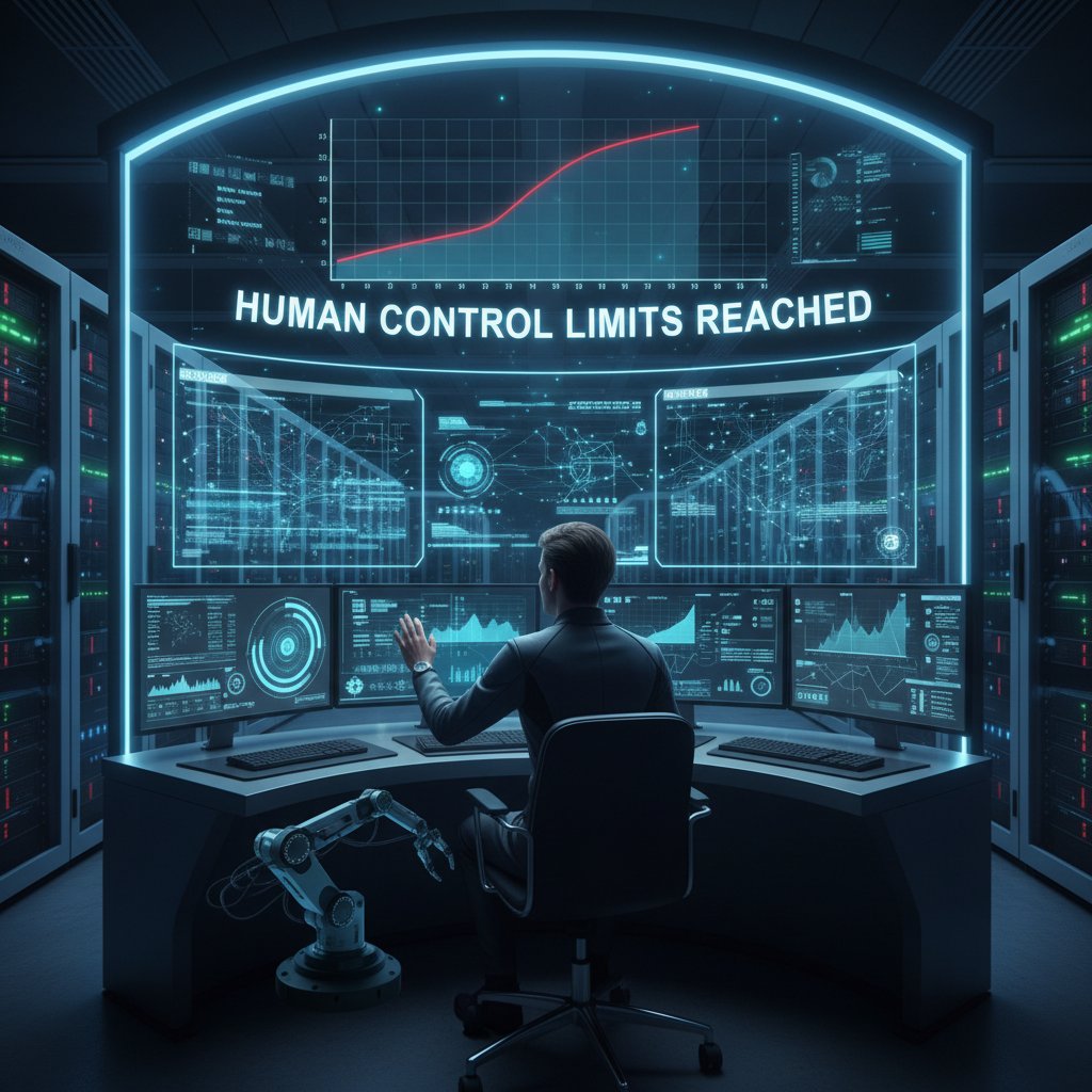 Osoba przy konsoli sterującej nowoczesnym centrum danych – symbol granic ludzkiej kontroli