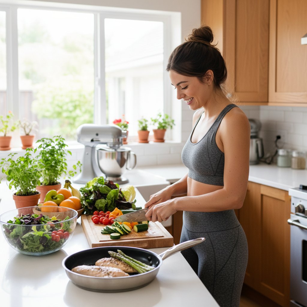 Osoba gotująca zdrowy posiłek w domu, nowe nawyki po utracie wagi