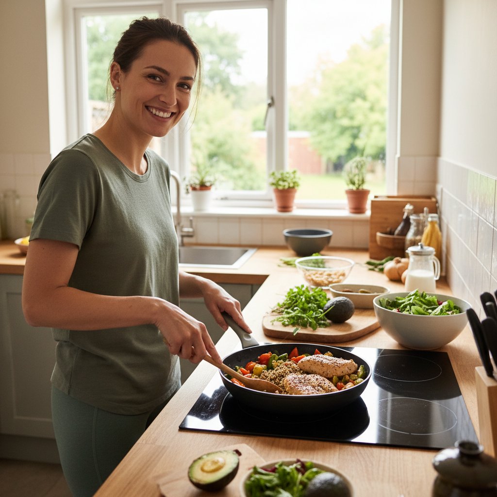 Osoba gotująca w domu zdrowy posiłek, uśmiechnięta, spokojna atmosfera