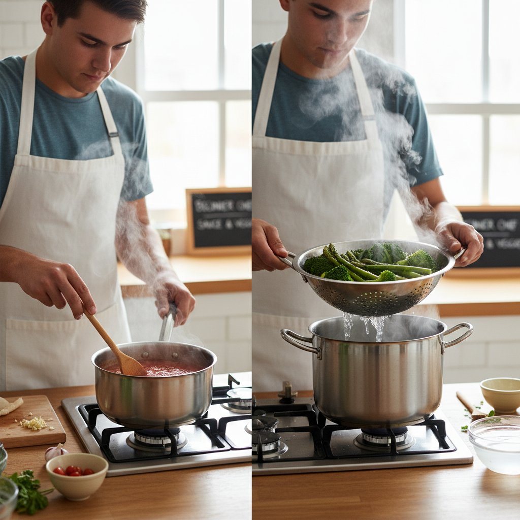 Osoba wykonująca efektowne, ale proste techniki: smażenie, blanszowanie, przygotowanie sosu