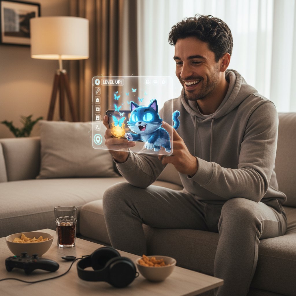 Osoba na kanapie, uśmiechnięta podczas interakcji z wirtualnym kotkiem na smartfonie