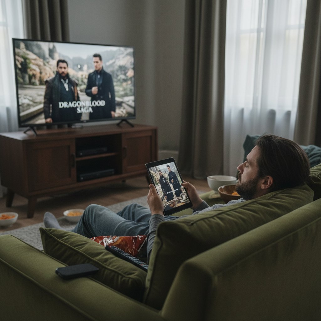 Osoba z tabletem na kanapie, wyraźnie znudzona, z włączonym serialem w tle – pułapka pseudo-relaksu