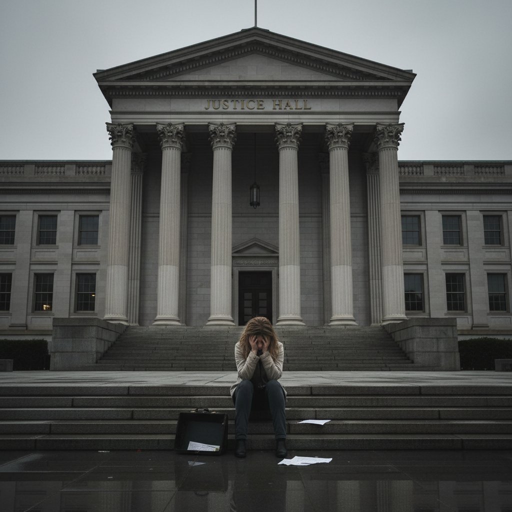 Osoba samotna przed gmachem sądu, przygnębiona i zagubiona