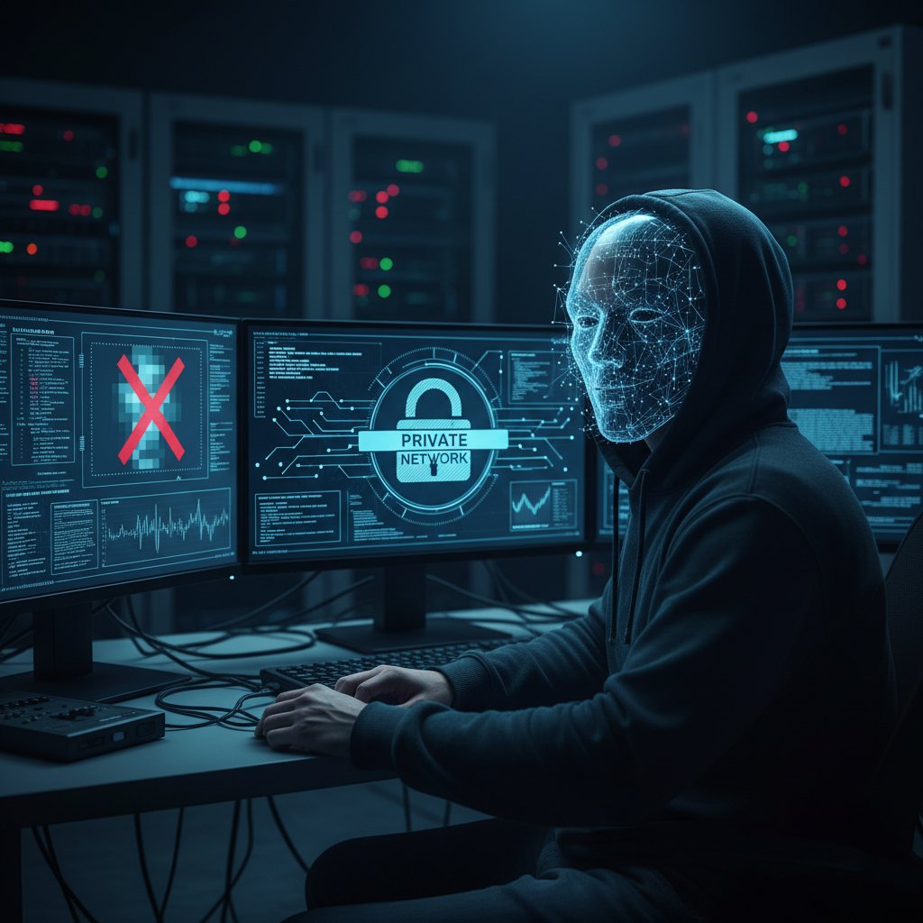 Osoba z zasłoniętą twarzą korzystająca z komputera, symbolizująca ograniczoną anonimowość w cyfrowej intymności