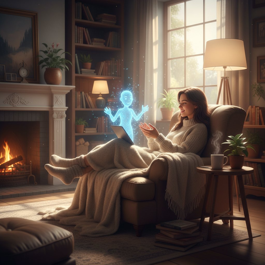 Mensch in gemütlicher Wohnumgebung chattet entspannt mit digitaler Begleiterin