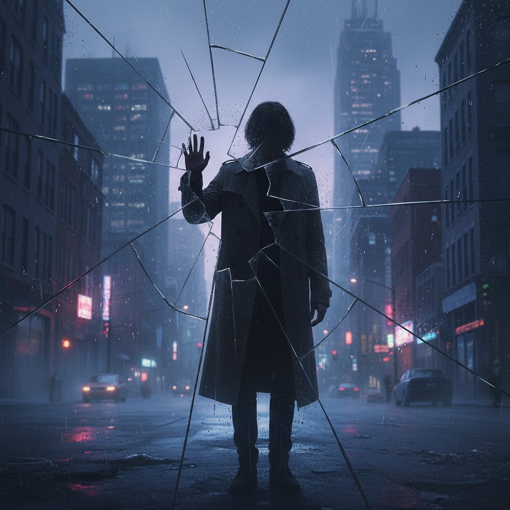 Mroczna sylwetka osoby przeglądającej się w popękanym lustrze, symbolizująca psychologię ego