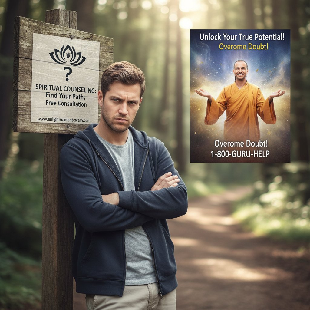 Symbolbild: Person blickt kritisch auf Werbung für spirituelle Beratung