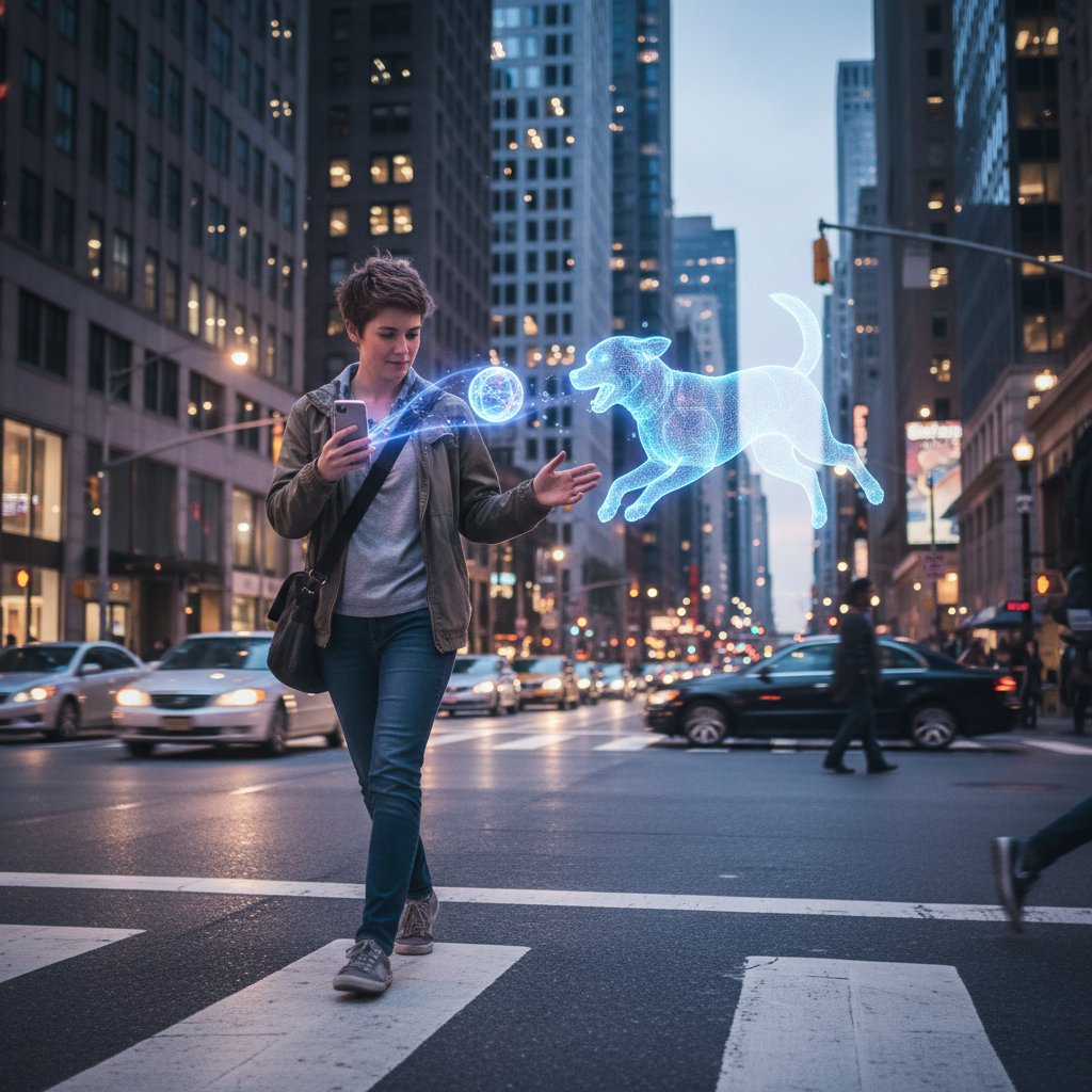 Osoba przechodząca ze smartfonem przez ulicę, wyświetlający hologram psa w wirtualnej rzeczywistości