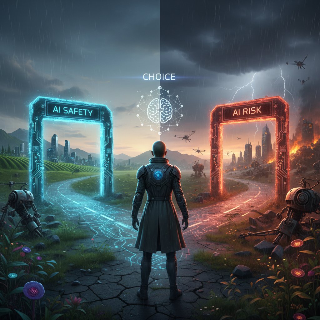 Zdjęcie osoby stojącej na rozdrożu dróg, symbolizujące wybór między bezpieczeństwem a ryzykiem AI