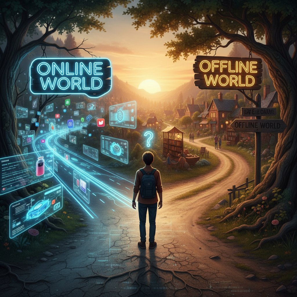 Osoba na rozdrożu, wybierająca między światem online a offline, decyzja o rozmowie bez zobowiązań