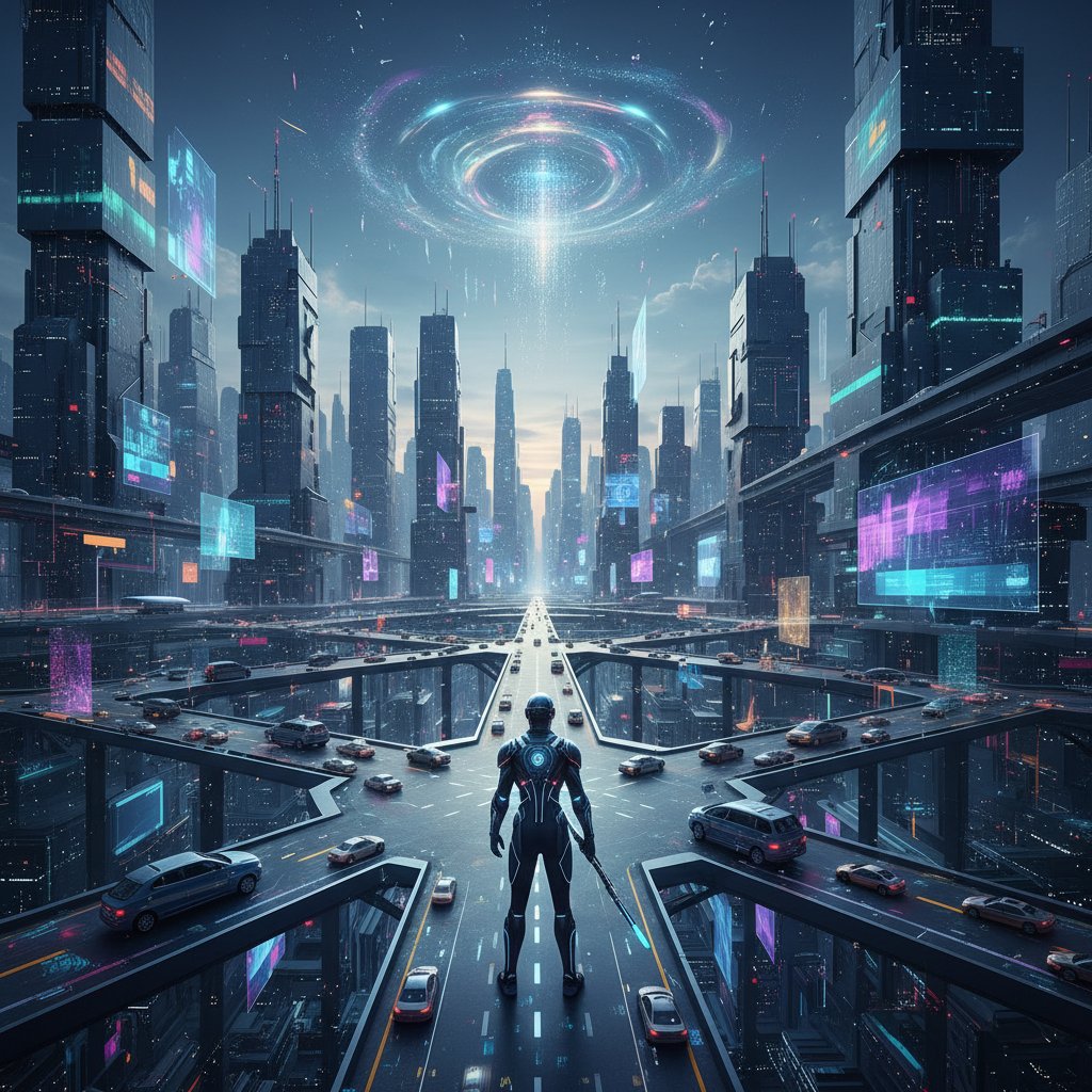 Symboliczna fotografia: osoba stojąca na rozdrożu cyfrowych ścieżek otoczona futurystycznym miastem