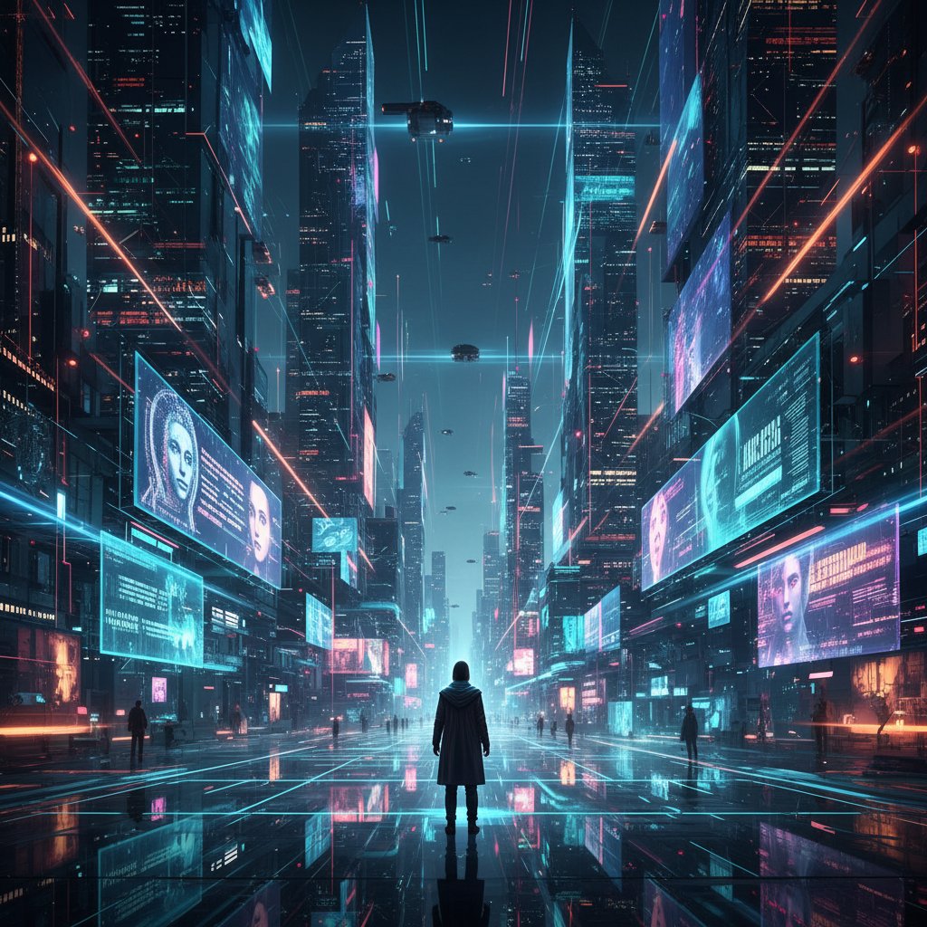 Symboliczna fotografia osoby stojącej na skrzyżowaniu dróg w nocnym, cyfrowym mieście – metafora otwartej przyszłości emocji AI