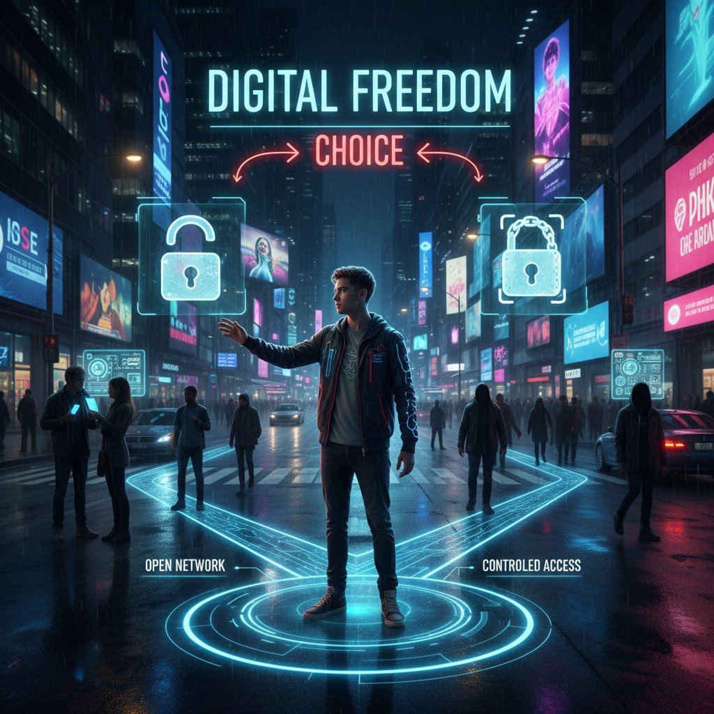 Zdjęcie osoby stojącej na rozdrożu, z widokiem na dwa różne cyfrowe światy, symbolizujące wybór i wolność