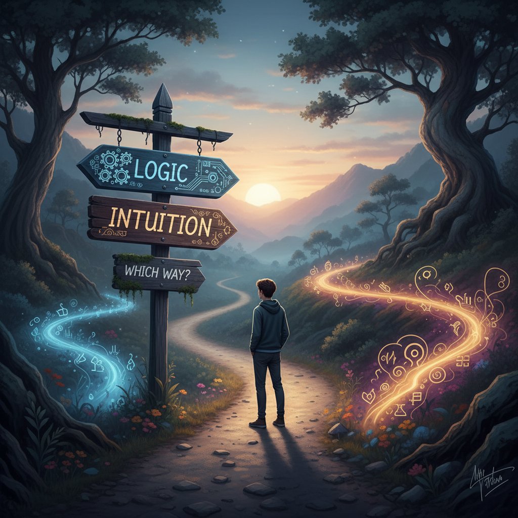 Osoba na rozdrożu, drogowskazy 'Logika' i 'Intuicja'