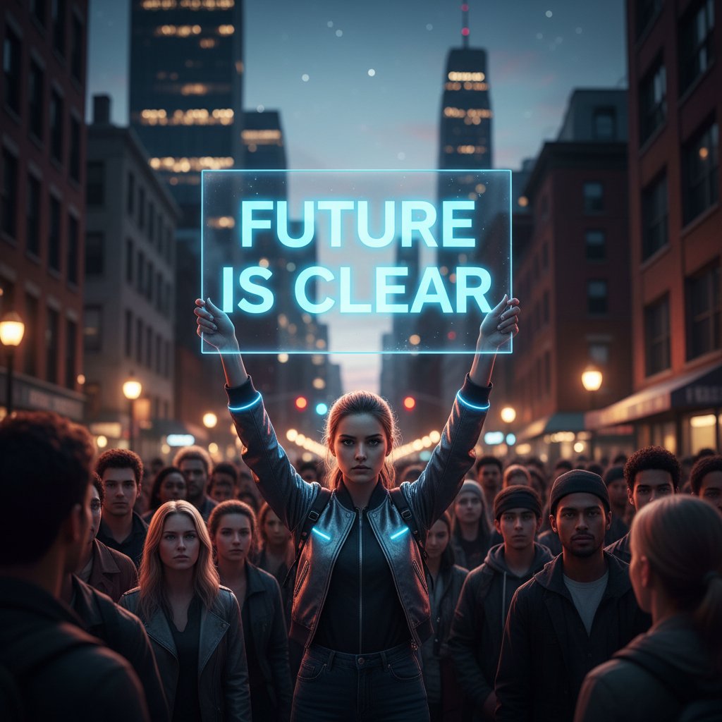 Osoba w tłumie wyróżniająca się jasnym, przejrzystym napisem na tabliczce