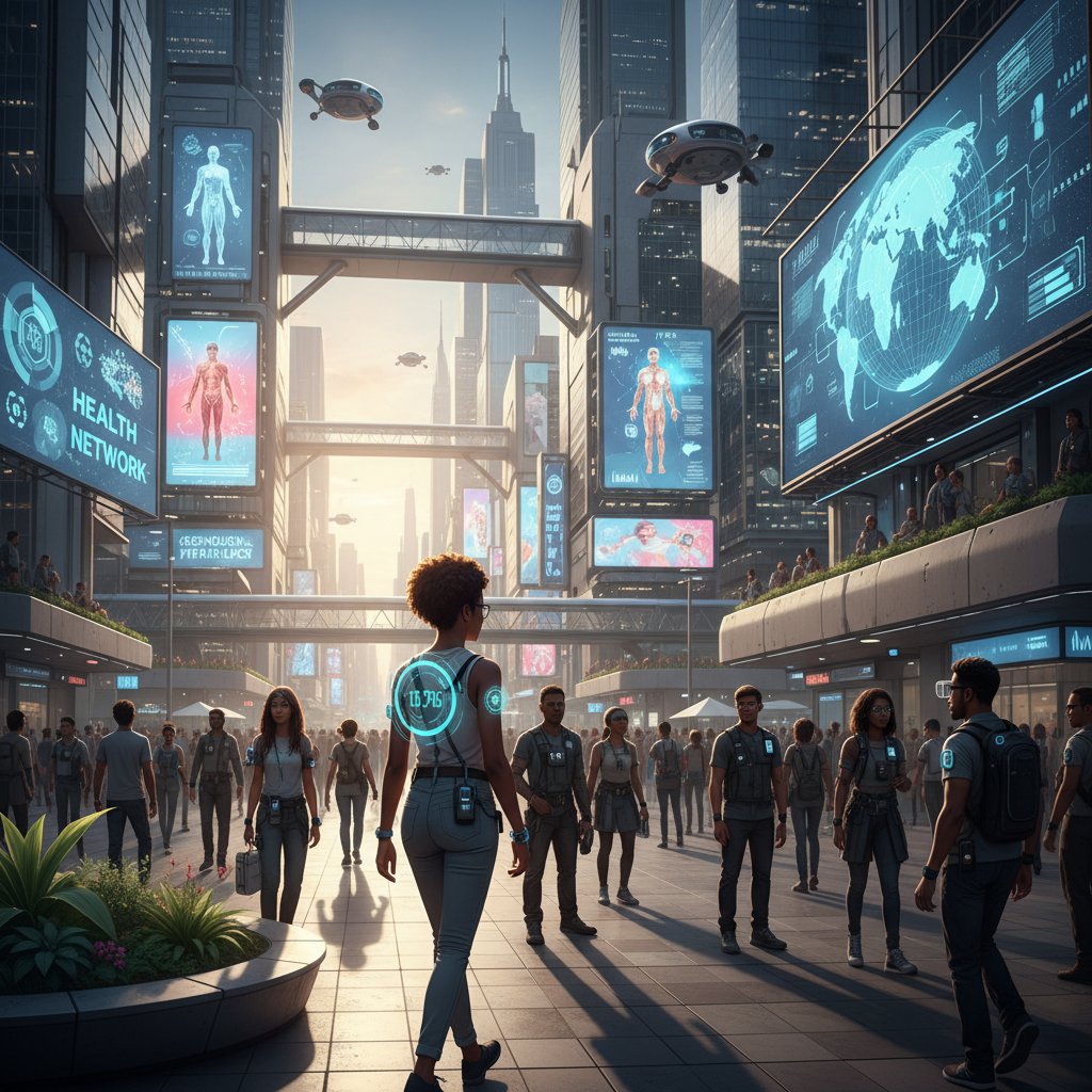 Zbliżenie na rękę osoby z nowoczesnym urządzeniem CGM, w tłumie ludzi na ulicy