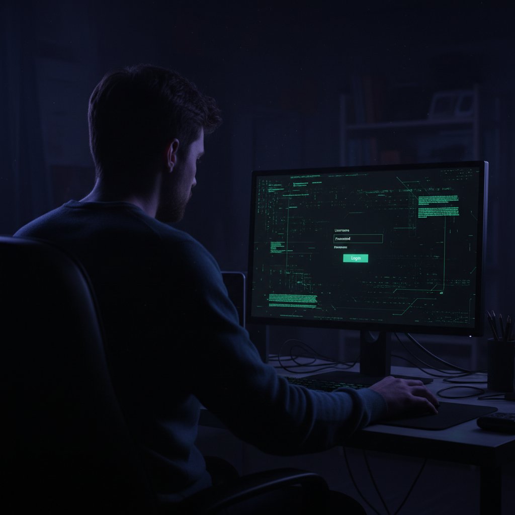 Osoba w ciemnym pokoju przed komputerem, na ekranie widoczny ekran logowania do chatgpt, atmosfera napięcia