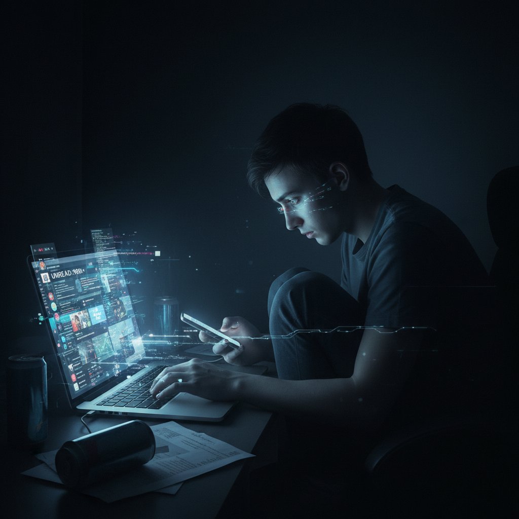 Osoba siedząca w ciemnym pokoju przed laptopem, z twarzą oświetloną ekranem i widocznym napięciem, symbolizująca lęk cyfrowy