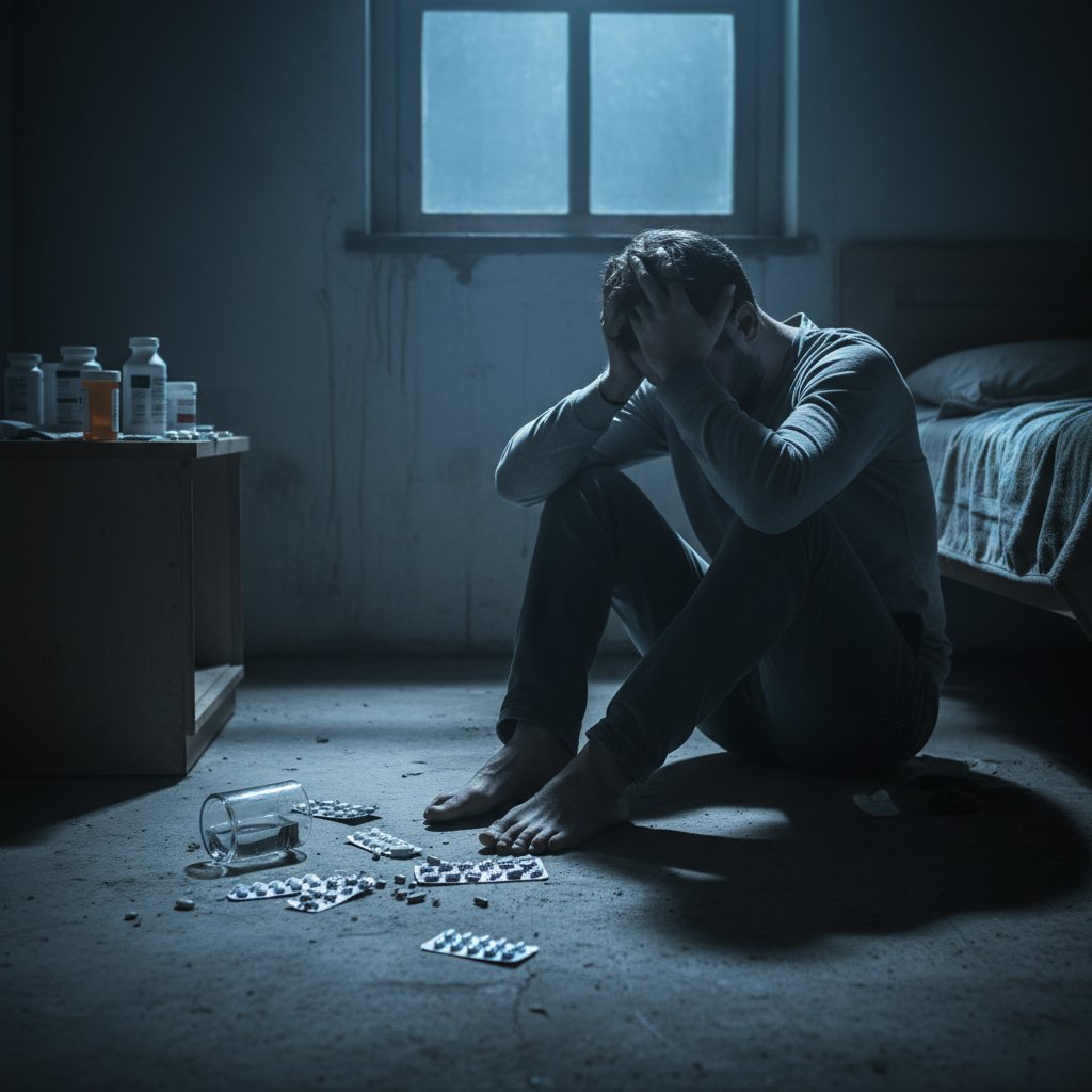 Zdjęcie osoby siedzącej w ciemnym pokoju, twarz w dłoniach, symbolizująca walkę ze skutkami ubocznymi leków