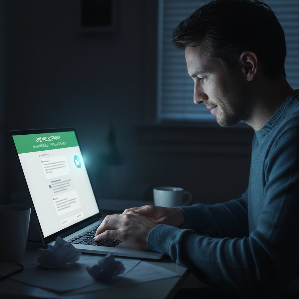 Osoba siedząca w ciemnym pokoju przed ekranem laptopa, odczuwająca ulgę dzięki wsparciu online