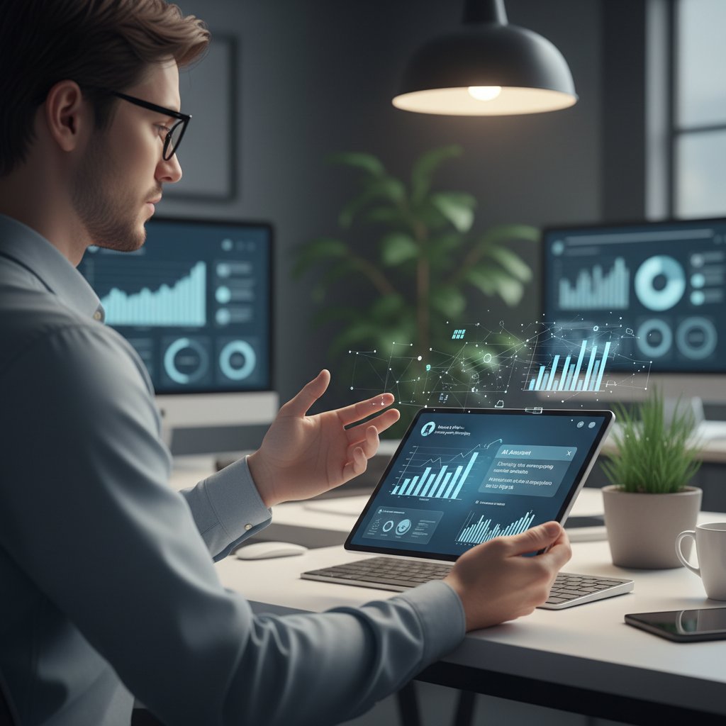 Osoba analizująca wykresy związane z chatbotami AI na tablecie – fokus na decyzji i analizie danych