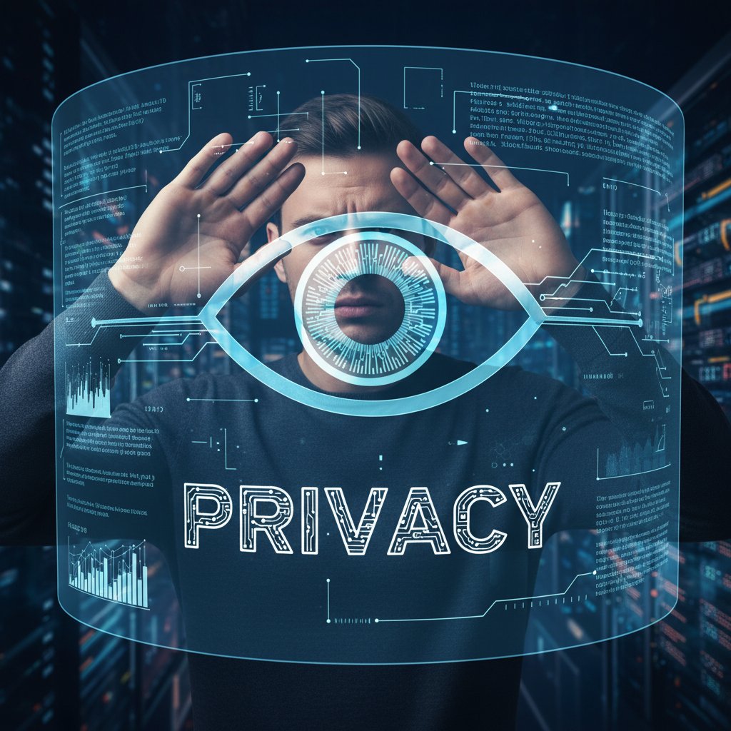 Osoba zamyślona patrząca na ekran z danymi, w tle symboliczne cyfrowe “oko” – wizualizacja kosztów prywatności