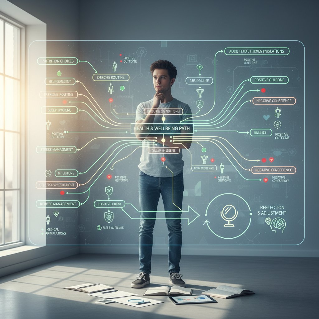 Schemat modelu podejmowania decyzji zdrowotnych, osoba analizująca opcje na kartce