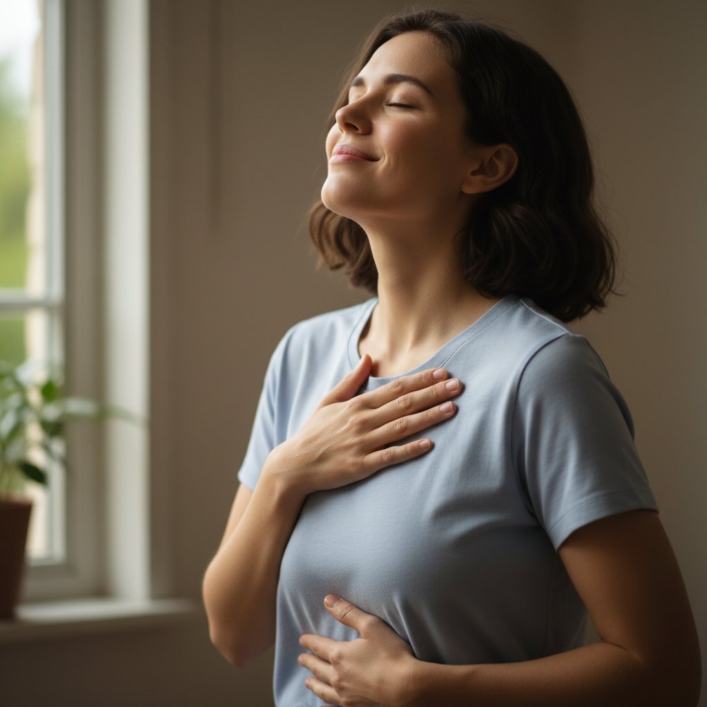 Osoba siedzi na podłodze, oddycha głęboko, oczy zamknięte – technika radzenia sobie z klaustrofobią