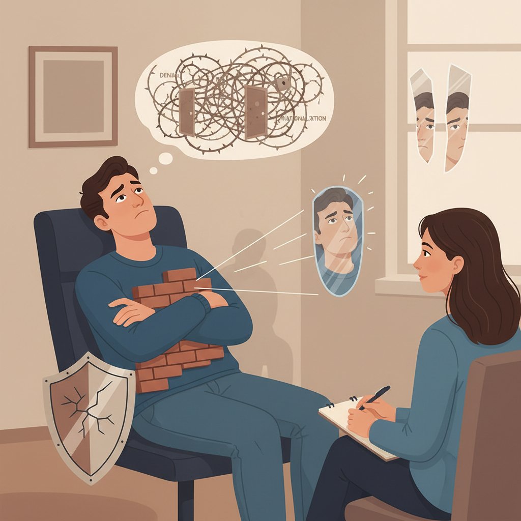 Portret osoby w głębokim zamyśleniu, symbolizujący mechanizmy obronne i opór psychiczny