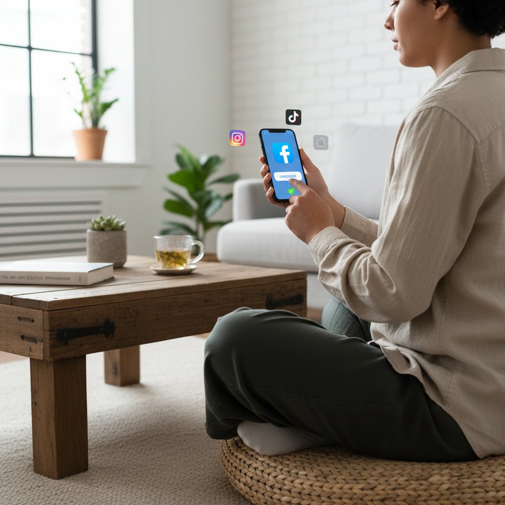 Osoba usuwająca aplikacje z telefonu, zrelaksowana – minimalizm cyfrowy a Facebook depresja
