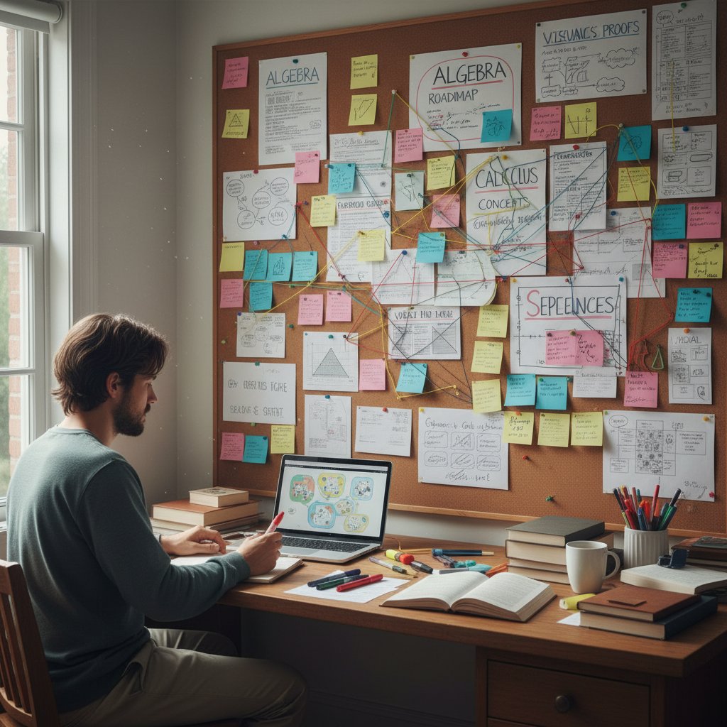 Osoba układająca własny system nauki matematyki na tablicy korkowej, notatki, diagramy, kolorowe fiszki