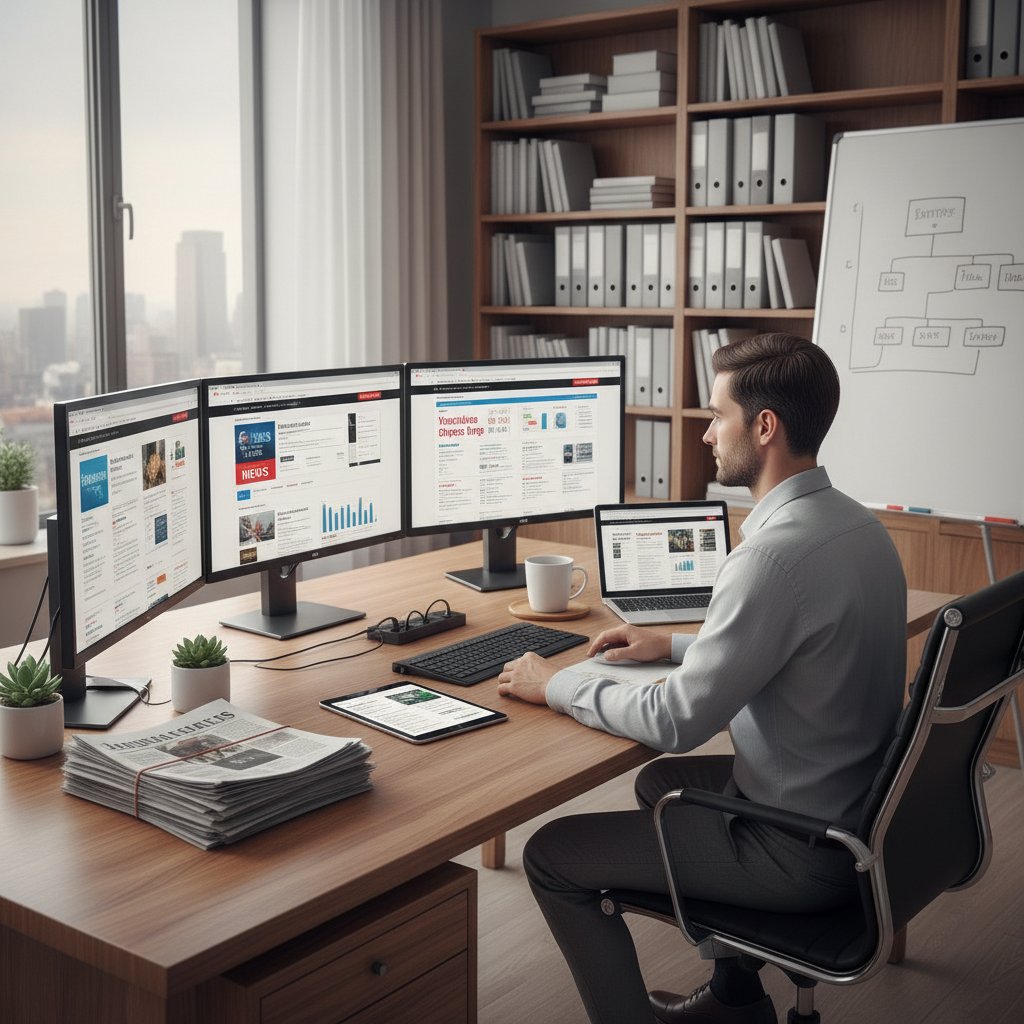 Osoba pracująca przy biurku z selekcją gazet i urządzeń, skupiona analiza, porządek