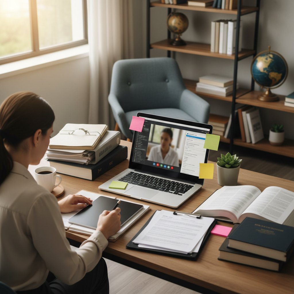 Osoba przygotowująca dokumenty do konsultacji prawnej online przy biurku