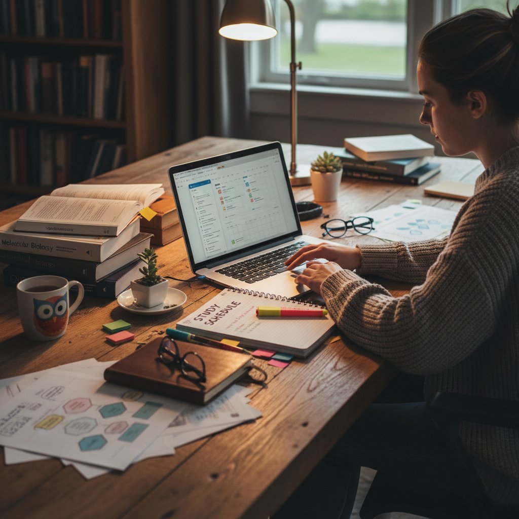 Osoba planująca naukę przy biurku, otoczona laptopem, książkami i notatkami