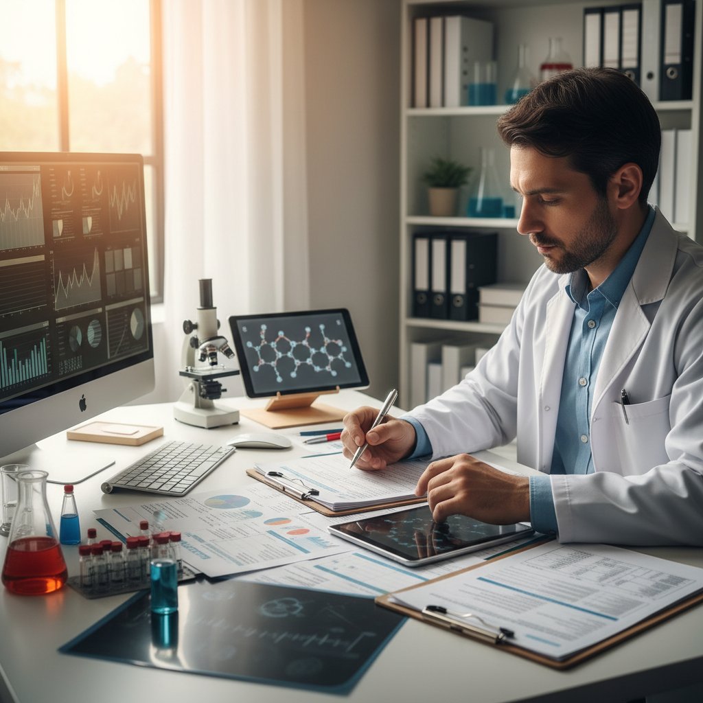 Fotografia osoby przeglądającej wyniki badań przy biurku, obrazująca samodzielną analizę symptomów