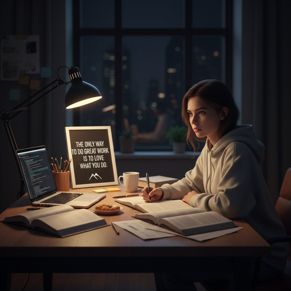 Motywacja podczas nauki pisania po rosyjsku, samotna osoba przy biurku wieczorem, słowa kluczowe: nauka rosyjski online, motywacja