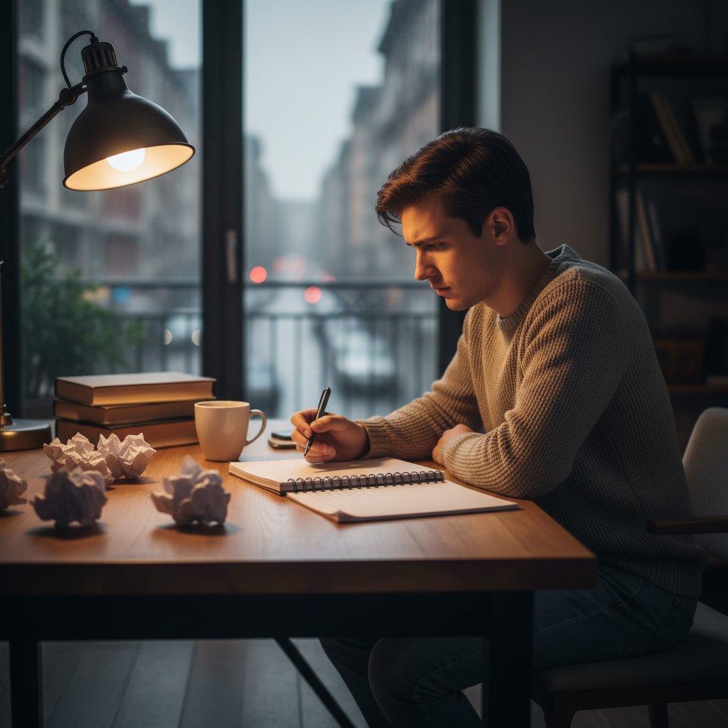 Osoba siedząca przy biurku z kartką i długopisem, zamyślona, gotowa do autorefleksji