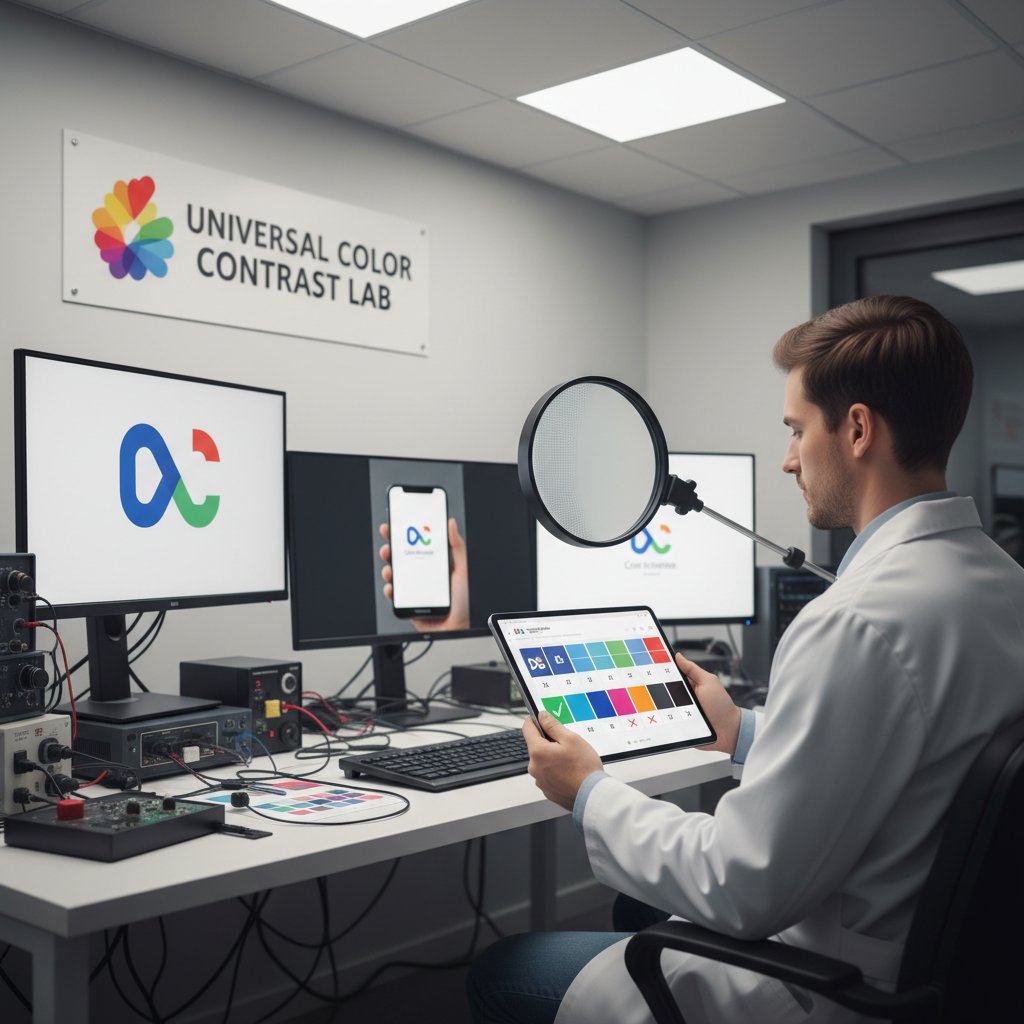 Osoba testująca logo na różnych urządzeniach i tłach, skupienie na detalu i kolorystyce