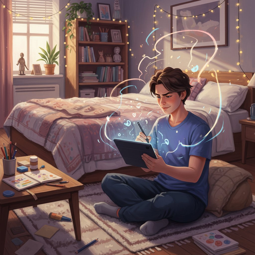 Osoba tworząca cyfrową grafikę na tablecie w zaciszu własnego pokoju