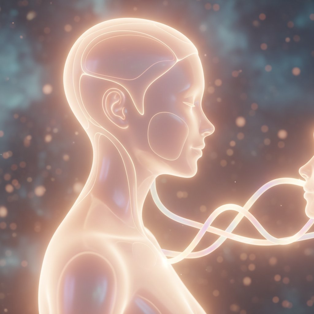 Mensch lehnt sich an digitales Avatar-Profil, Symbol für emotionale Bindung zwischen Mensch und KI, sanfte Lichtstimmung